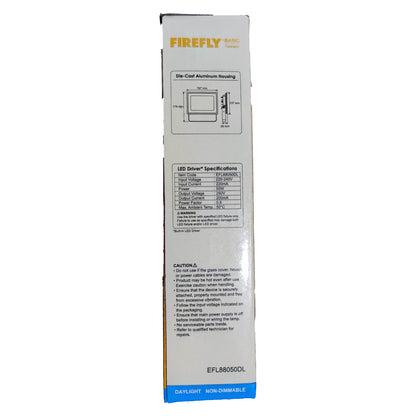 Firefly LED driver packaging with specifications and branding on a white background