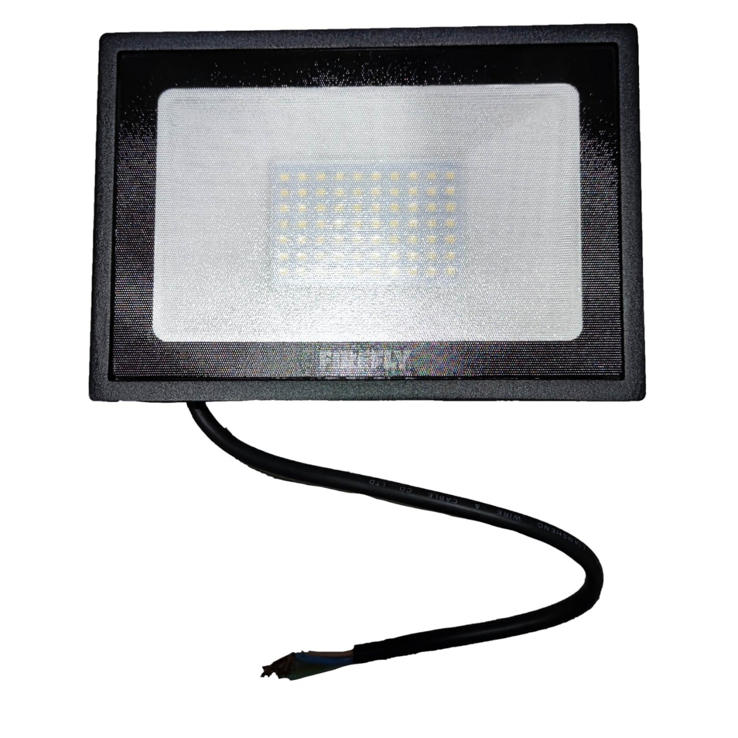 LED flood light with black casing and visible brand name on a white background