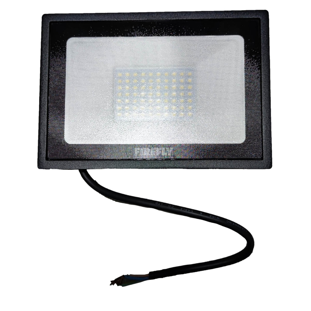 LED flood light with black casing and visible brand name on a white background