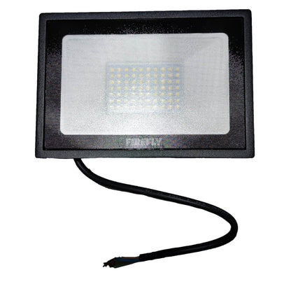 LED flood light with black casing and visible brand name on a white background