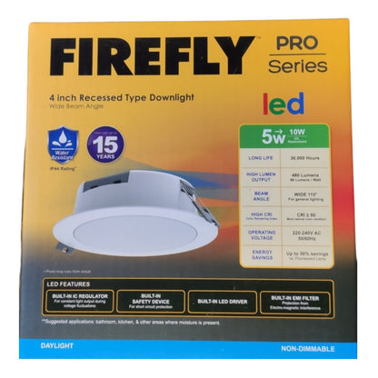Firefly Pro Series LED recessed downlight packaging with specifications and features.
