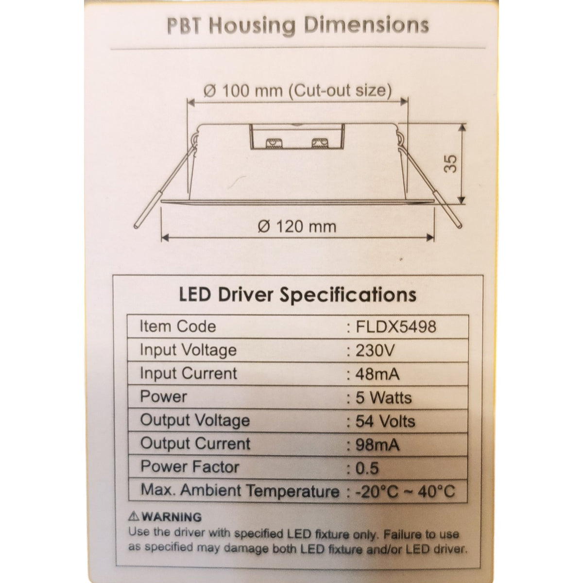 Technical specifications of an LED driver on a white background