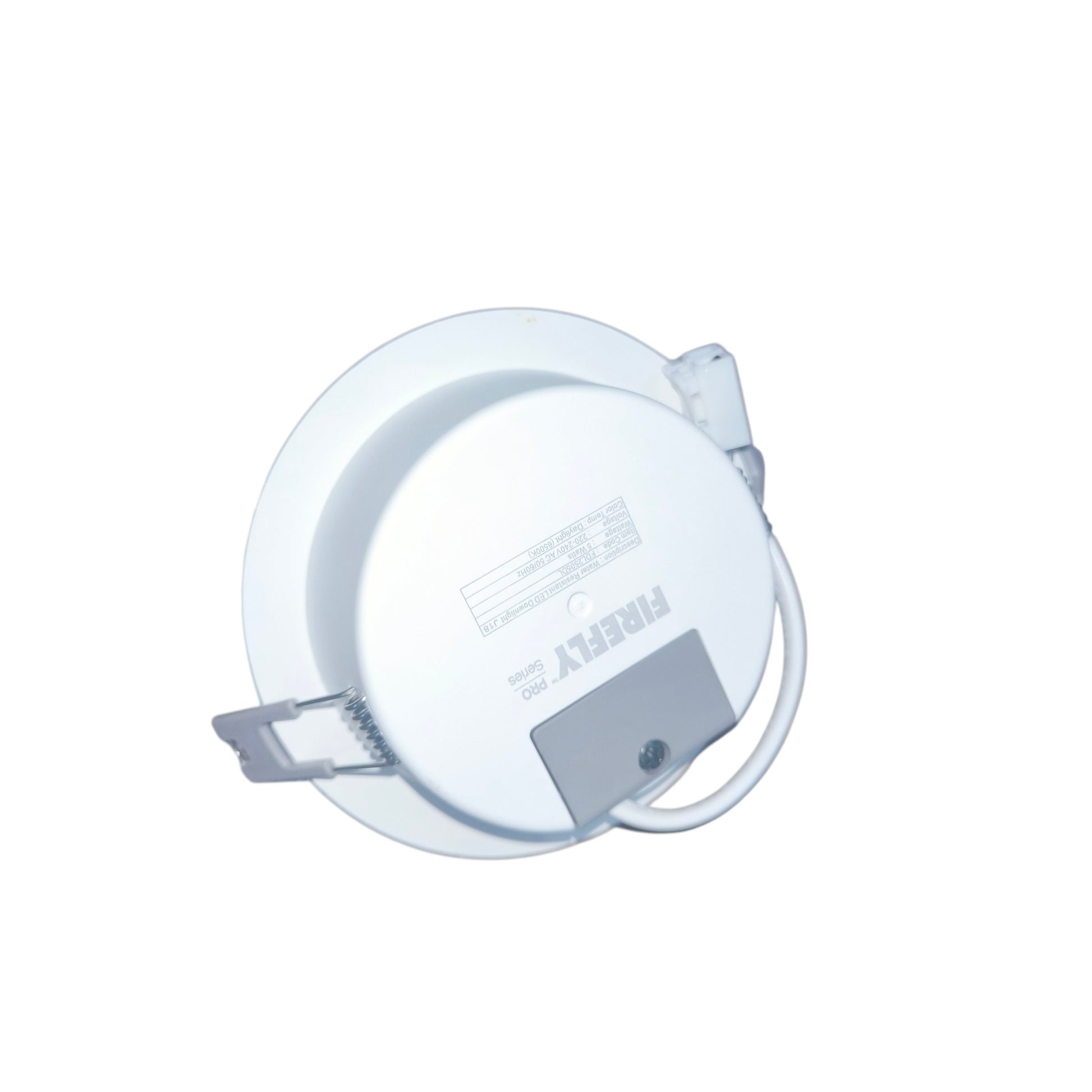 Round white LED light fixture on a white background