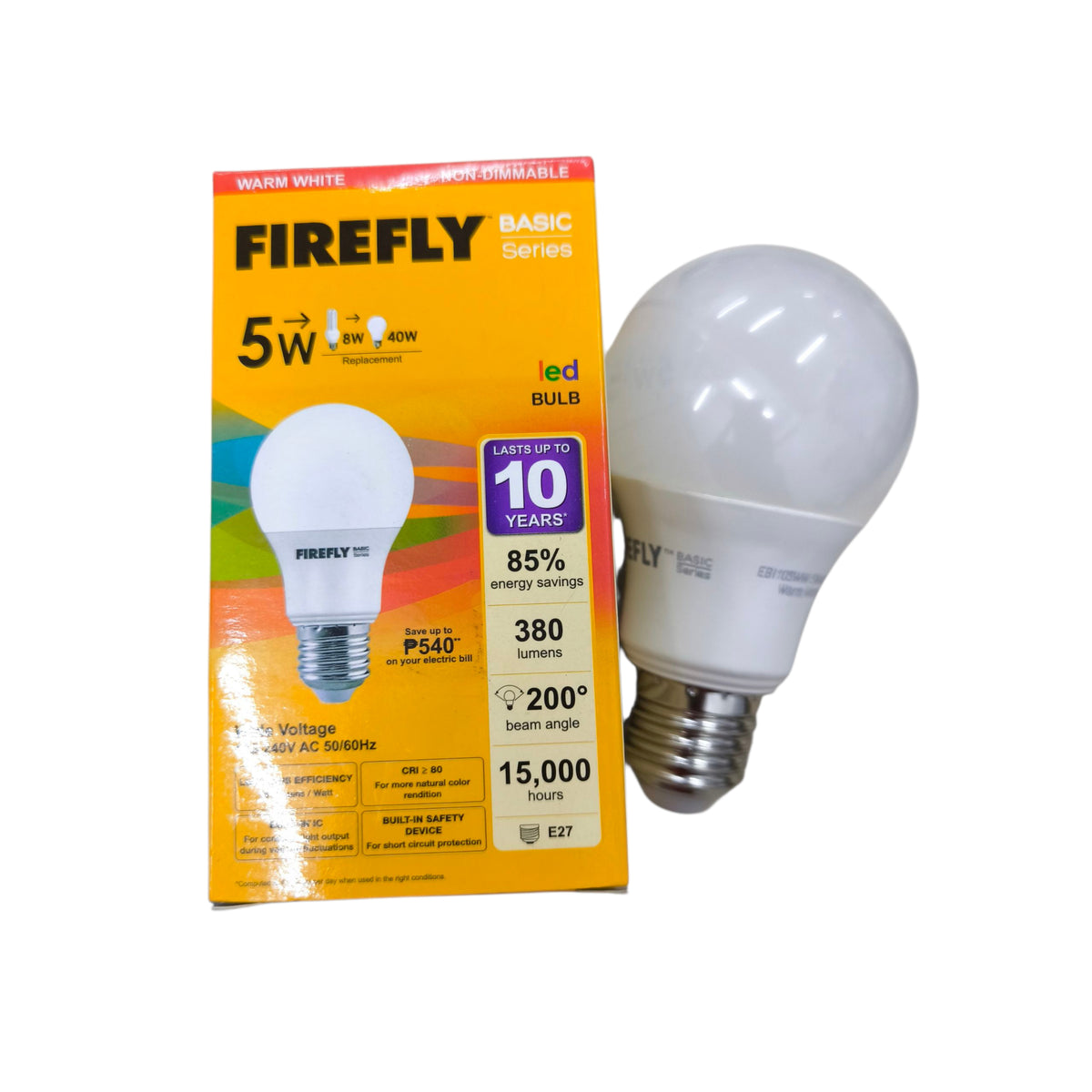 Firefly 5W LED lamp E27 warm white with 380 lumens and 15,000 hours lifespan in packaging