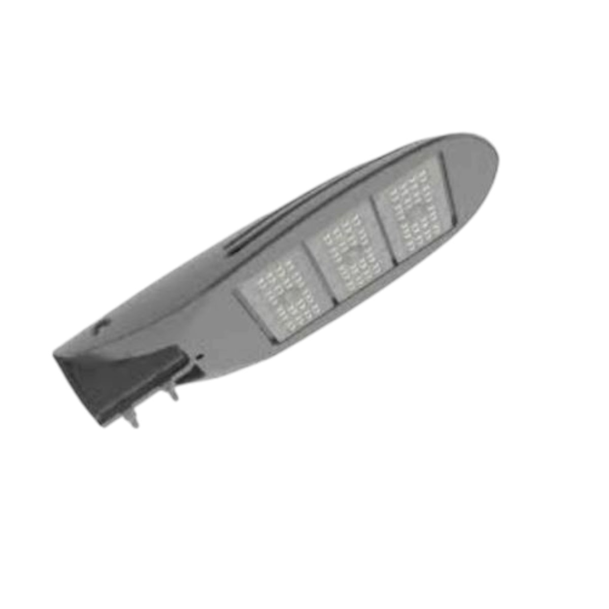 A modern LED street light fixture with a sleek, elongated oval design, featuring three illuminated LED grid sections on its side, shown against a plain white background.