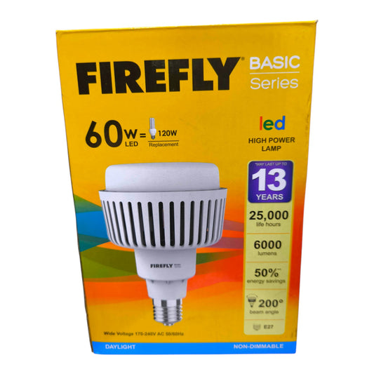 A box of Firefly Basic Series 60W LED replacement lamps, featuring a yellow background with product specifications and a graphic of the white LED bulb.