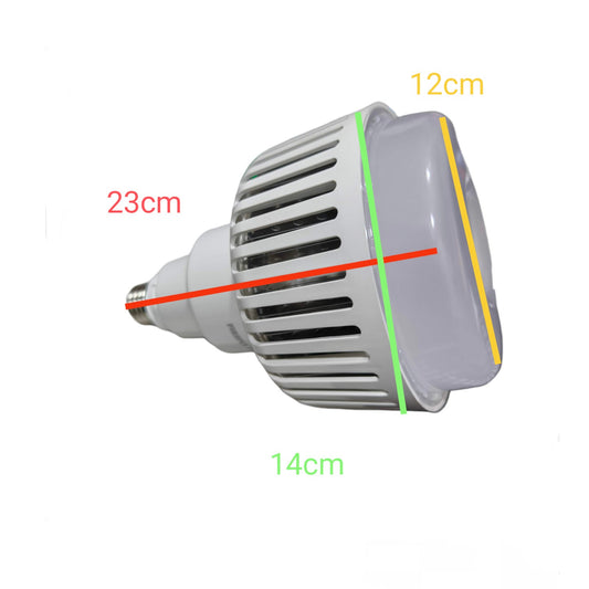 A white LED light bulb with dimension annotations showing a height of 12cm, a width of 14cm, and a length of 23cm, on a plain white background.