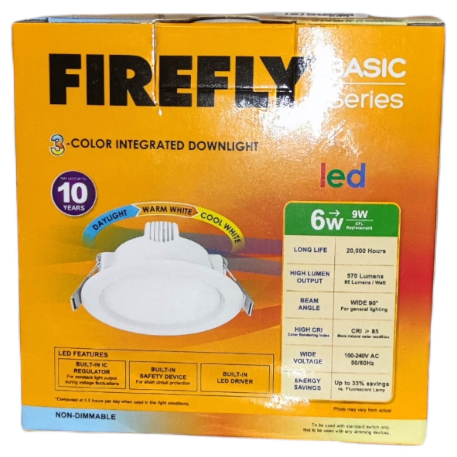 Box of Firefly LED downlight with specifications on an orange background