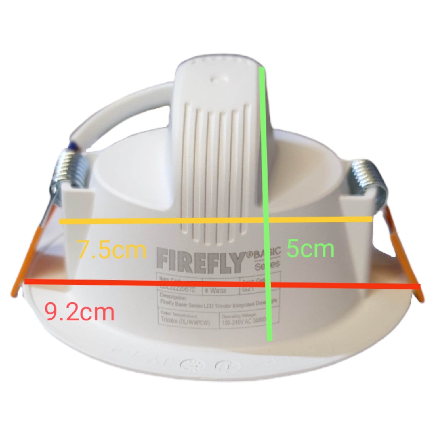 Measurement chart of a Firefly LED light fixture on a white background