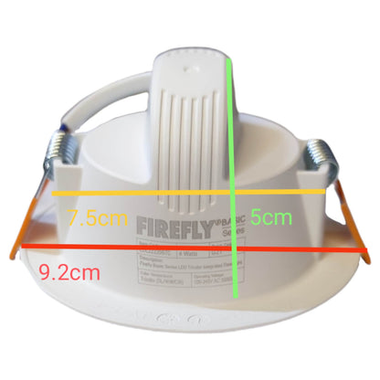 Measurement chart of a Firefly LED light fixture on a white background