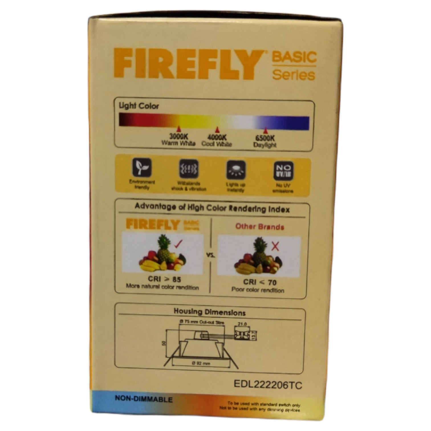 Firefly Basic Series packaging with light color chart and features on a beige background