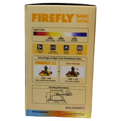 Firefly Basic Series packaging with light color chart and features on a beige background
