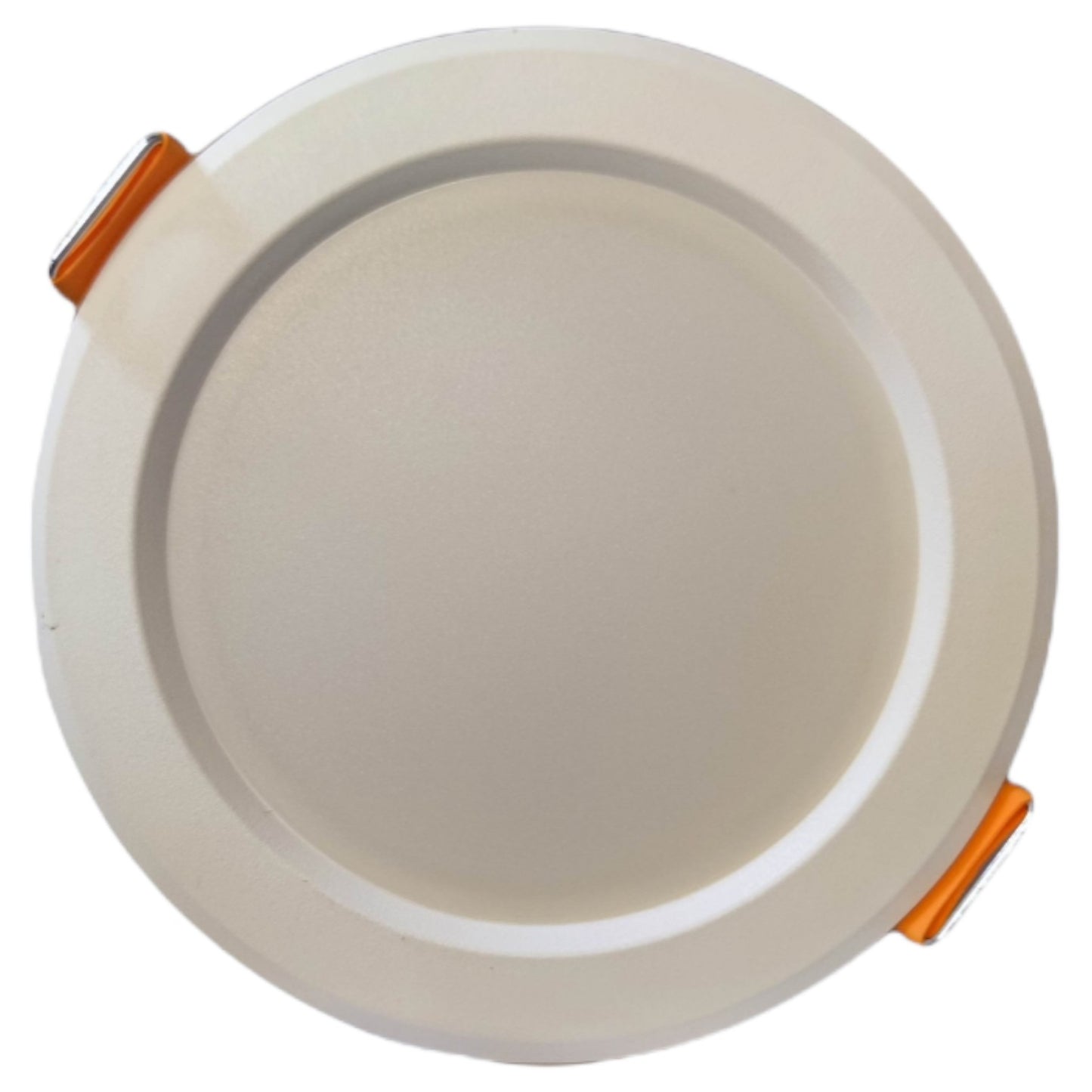 Round beige light fixture with orange accents on a white background