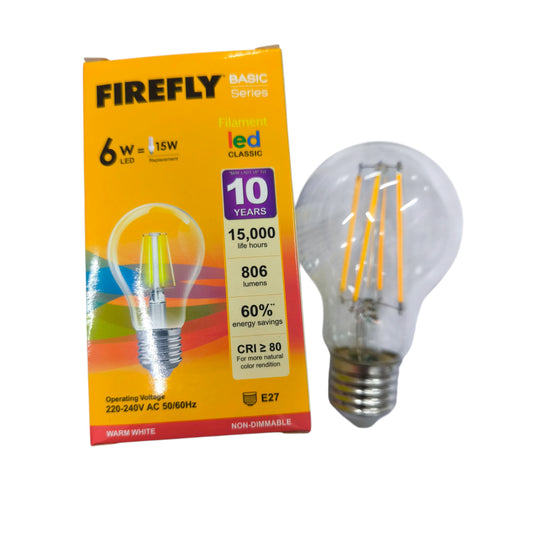 Firefly LED bulb packaging with a clear bulb on a white background