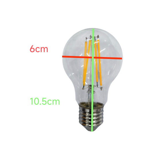 LED light bulb with dimensions marked on a white background