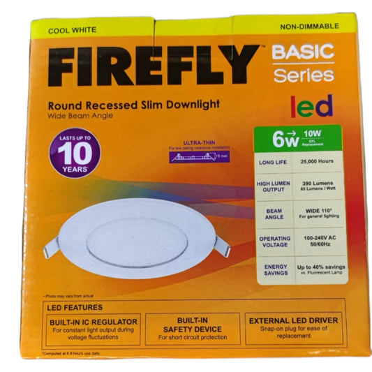 Box of Firefly Basic Series LED round recessed slim downlight with specifications on an orange background