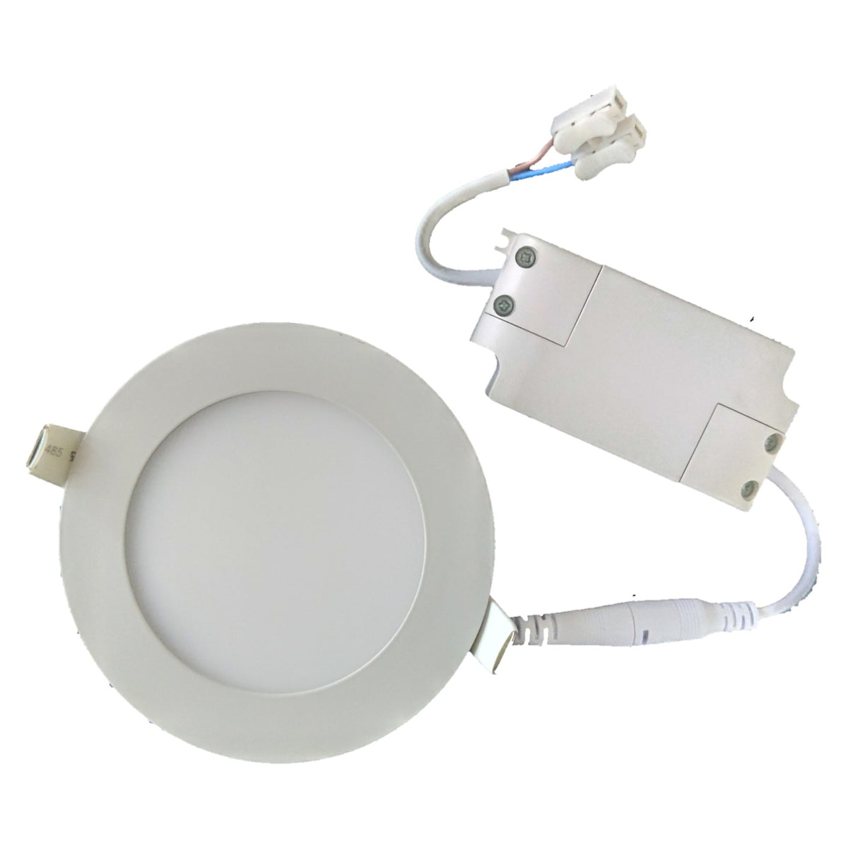 LED downlight fixture with wiring on a white background