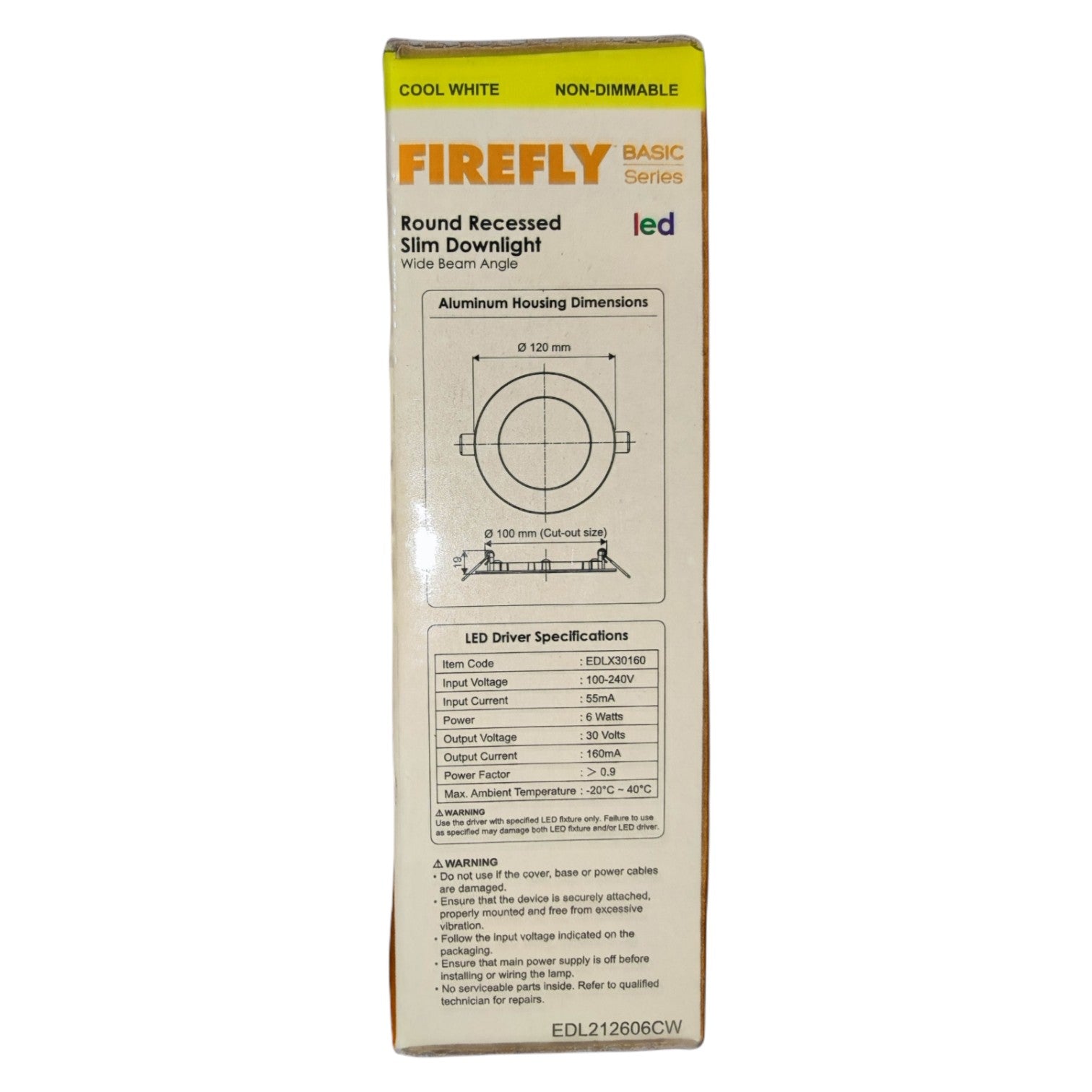 Box of Firefly Basic Series round recessed slim downlight LED light fixture on a white background