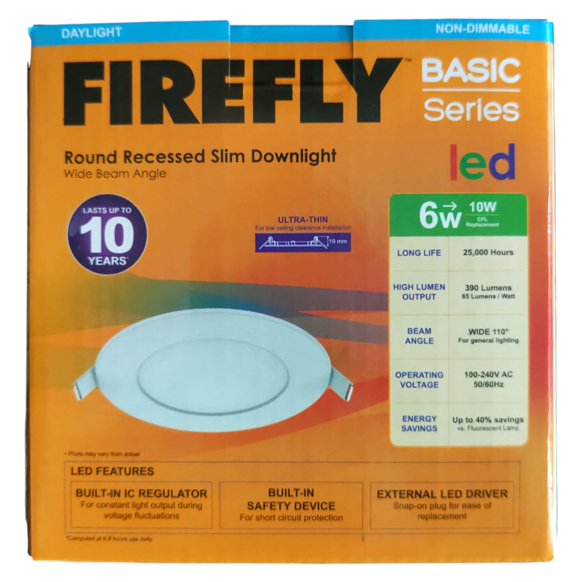 Firefly Basic Series LED round recessed slim downlight packaging on an orange background