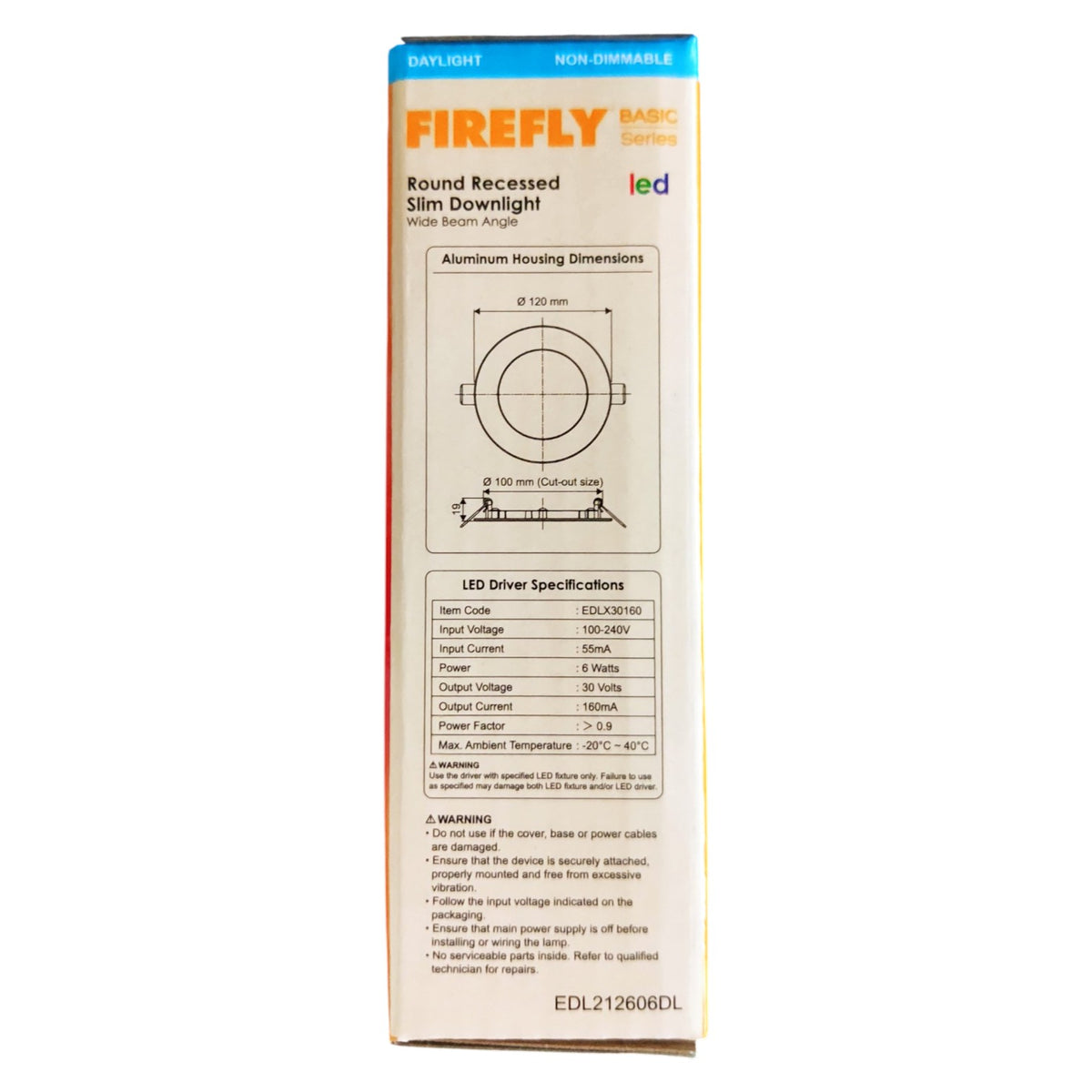 Firefly round recessed slim downlight LED packaging on a white background