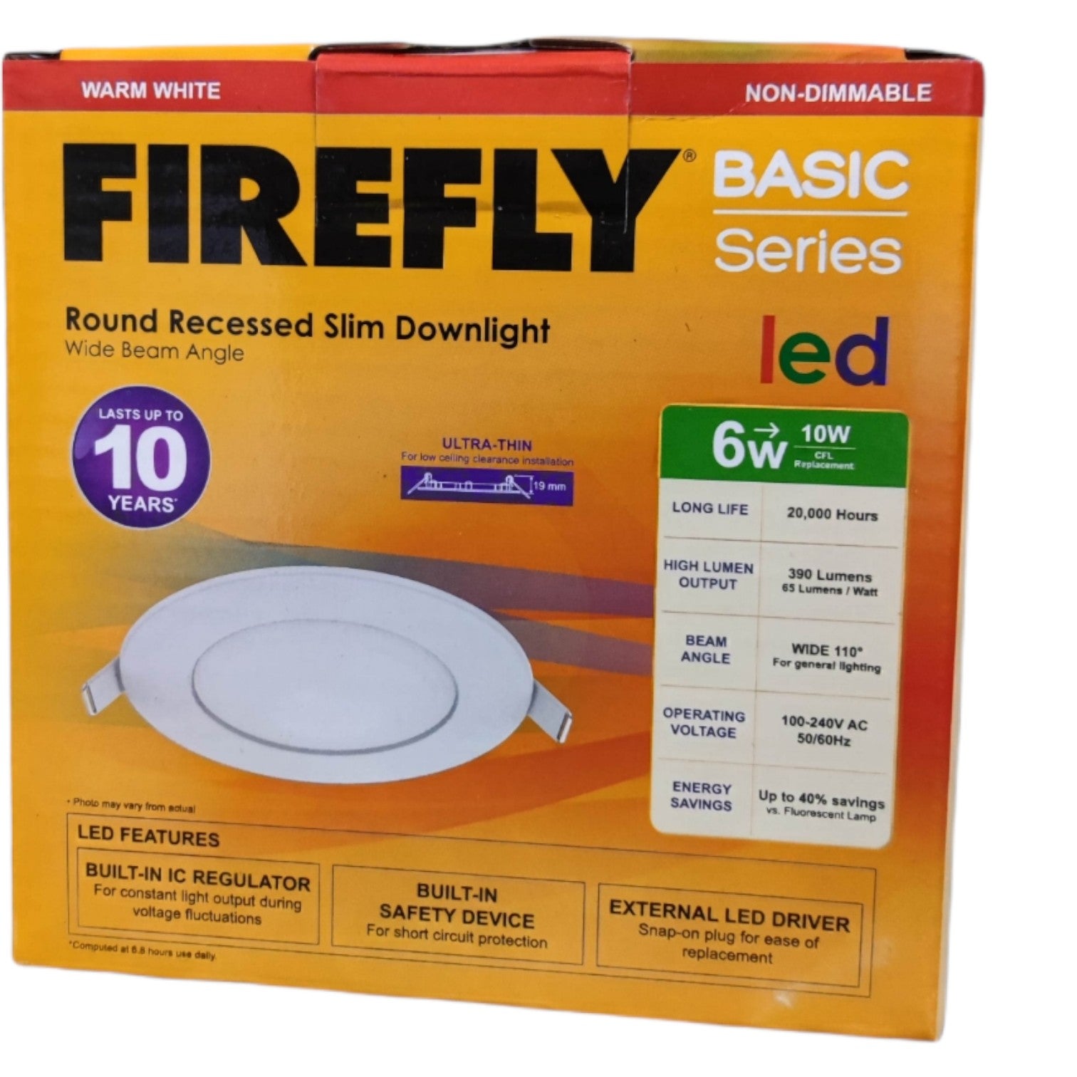 Firefly Basic Series LED round recessed slim downlight packaging on a white background
