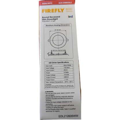Firefly round recessed slim downlight packaging with technical specifications on a white background