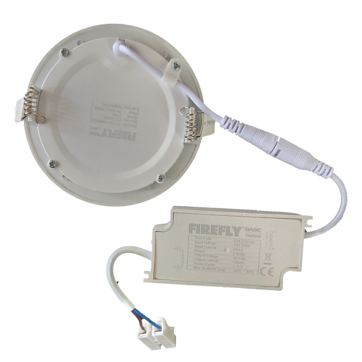 Light fixture with wiring and a separate control unit on a white background