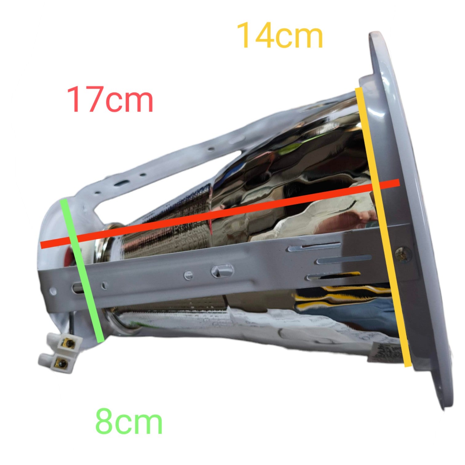 Measurement chart showing dimensions of a car headlight assembly with labeled measurements.