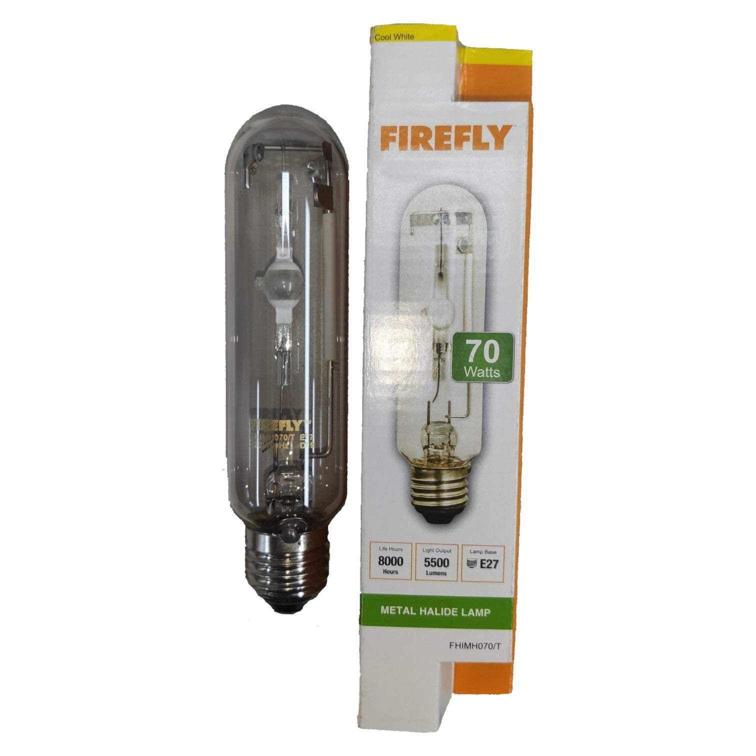 Firefly metal halide lamp with packaging on a white background
