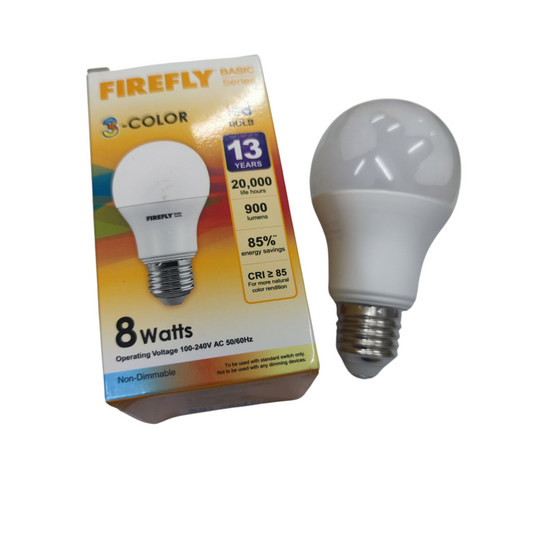 Firefly 8W tri color LED bulb with energy efficiency and long lifespan packaging