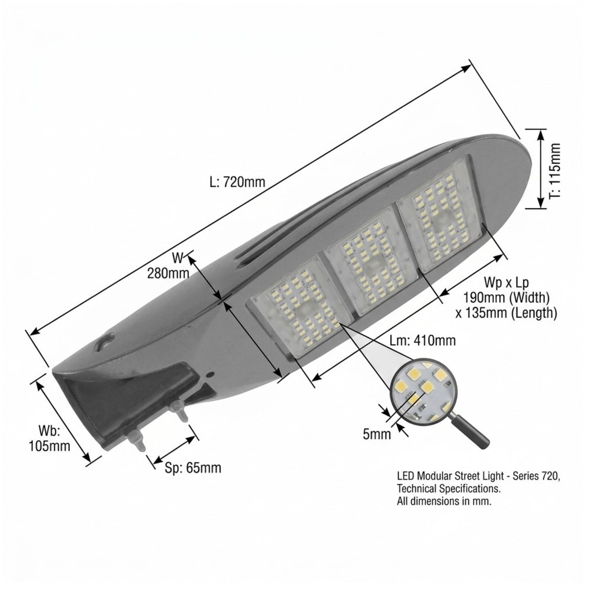 Technical dimension diagram of a modern LED modular street light, showing measurements for length (L), width (Wp), height (T), and other specifications with a magnified inset of the LED array.