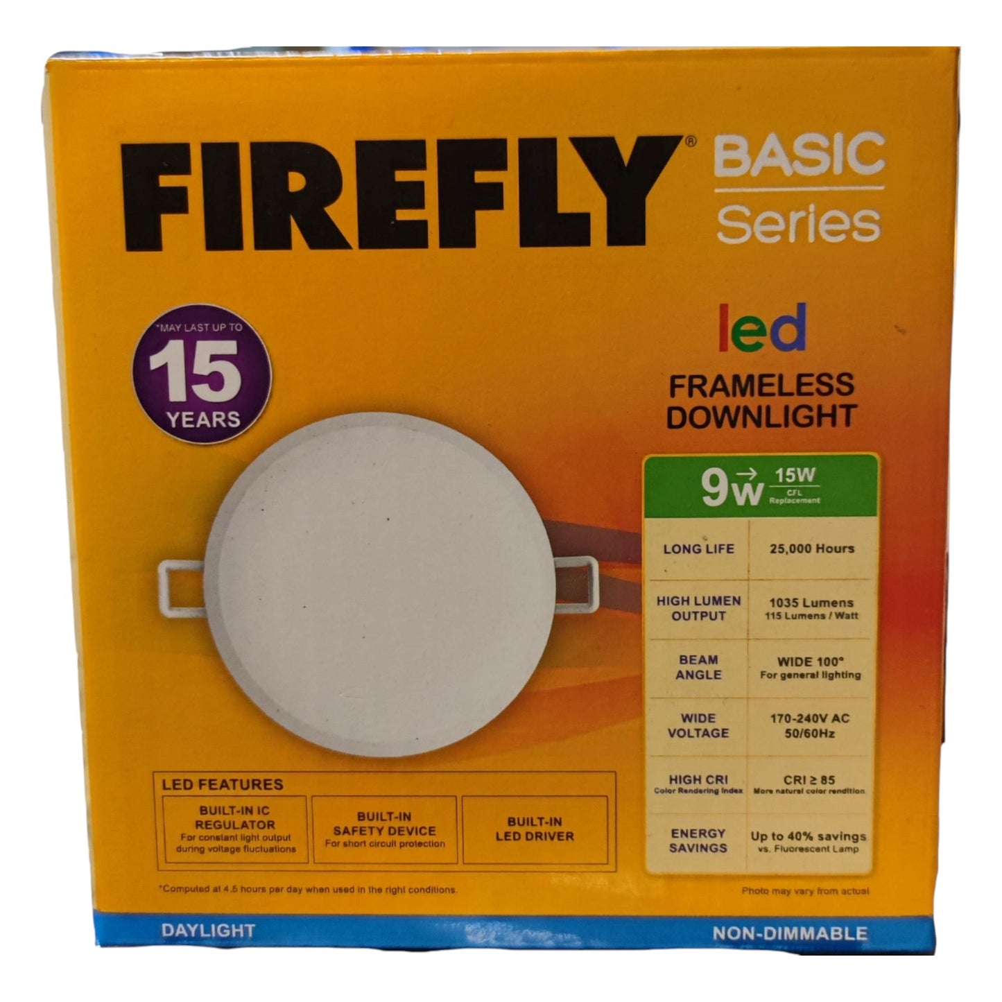 Box of Firefly Basic Series LED frameless downlight with specifications on an orange background