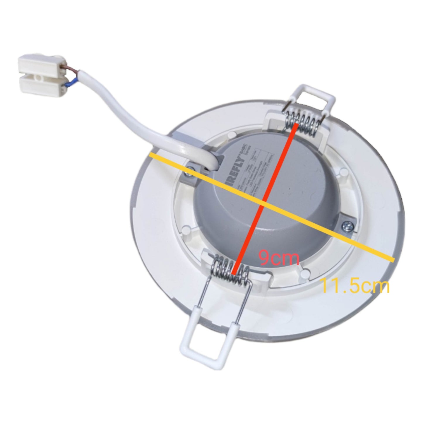 Light fixture with measurements on a white background