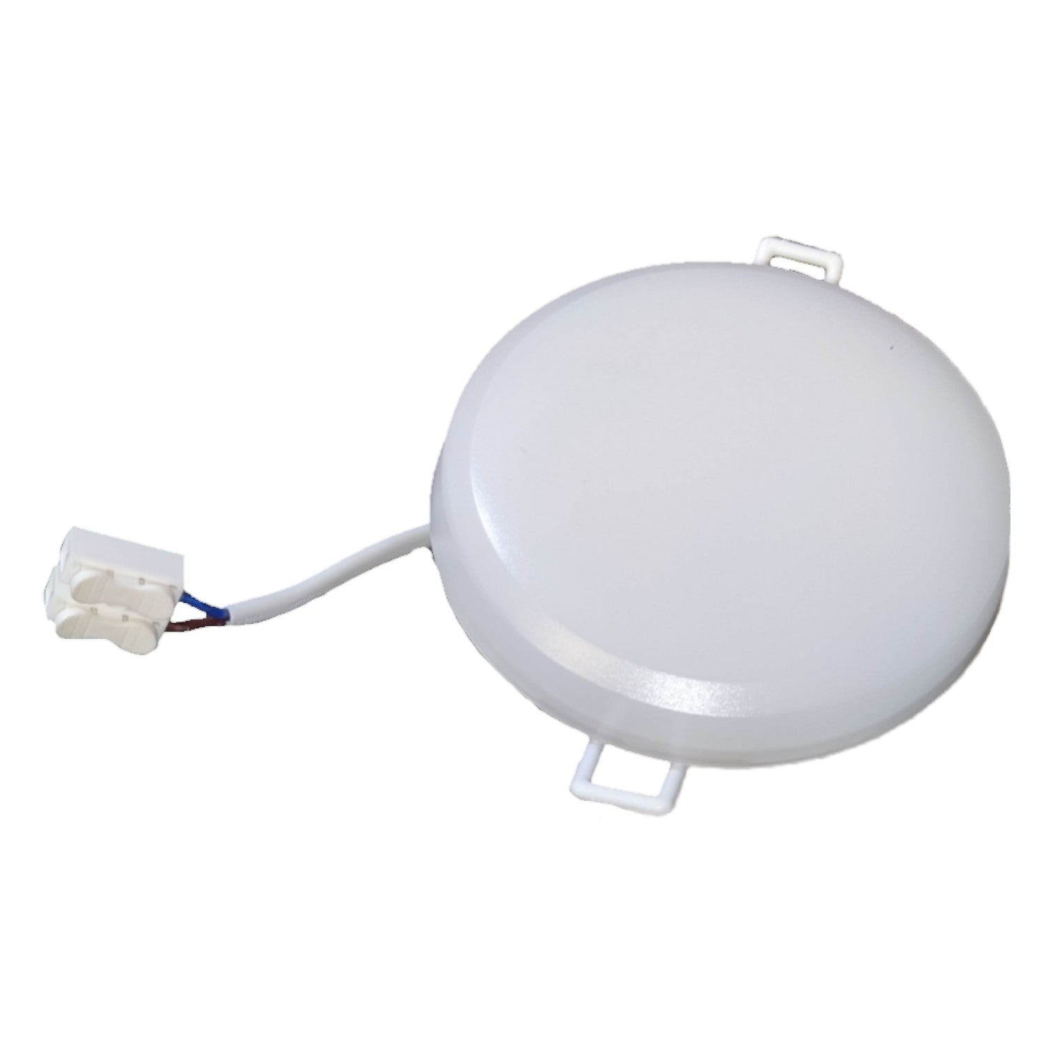 Round white light bulb with wiring on a white background