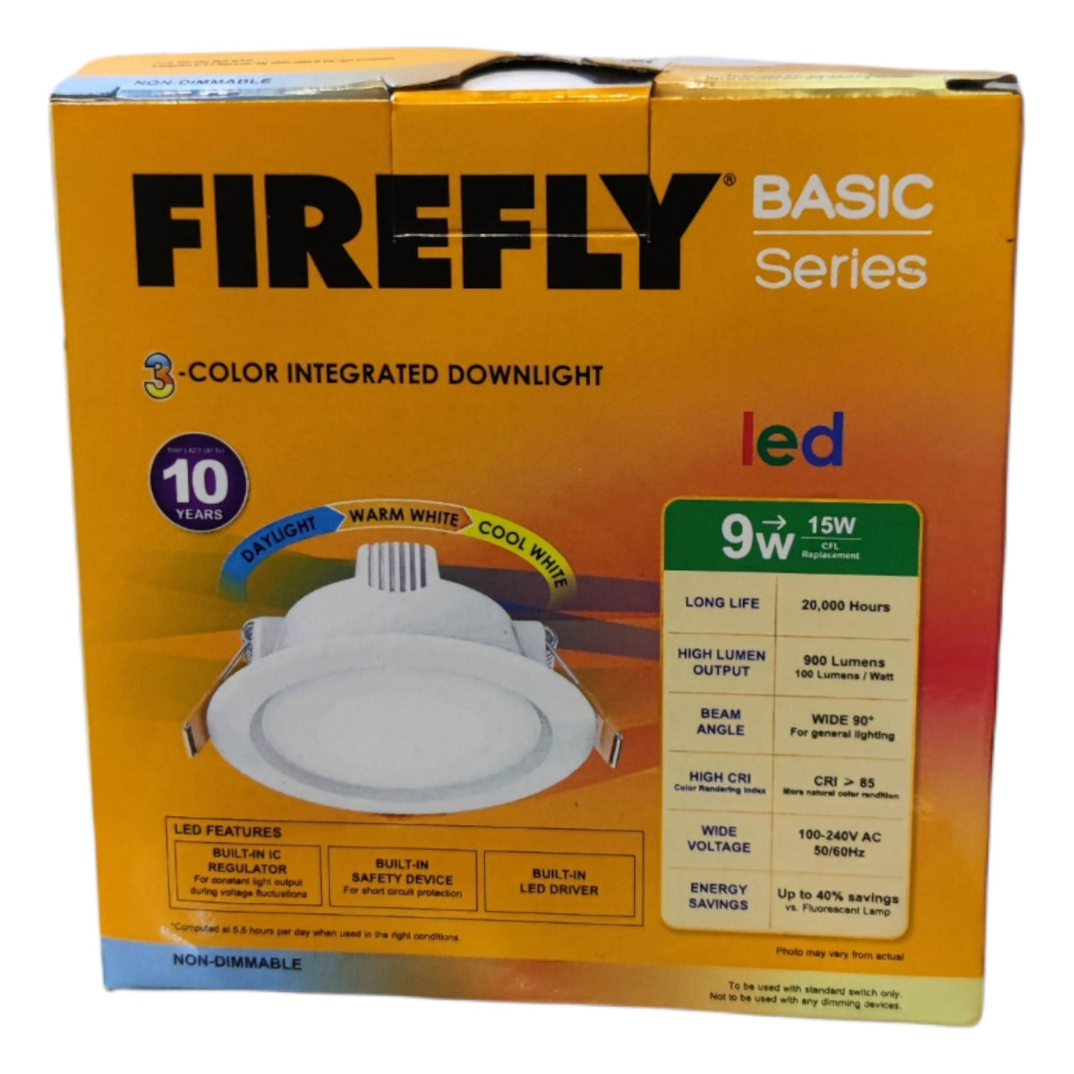 Firefly Basic Series LED downlight packaging with product details on a white background