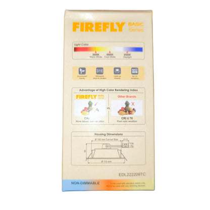 Firefly lighting product packaging with specifications on a white background