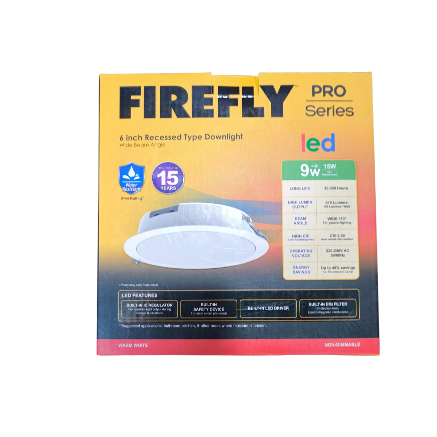 Firefly 9W LED Downlight Pro Series IP44 Rating Water Resistant 220VAC Warm White 3000K FDL2509WW Electx Electrical Supply