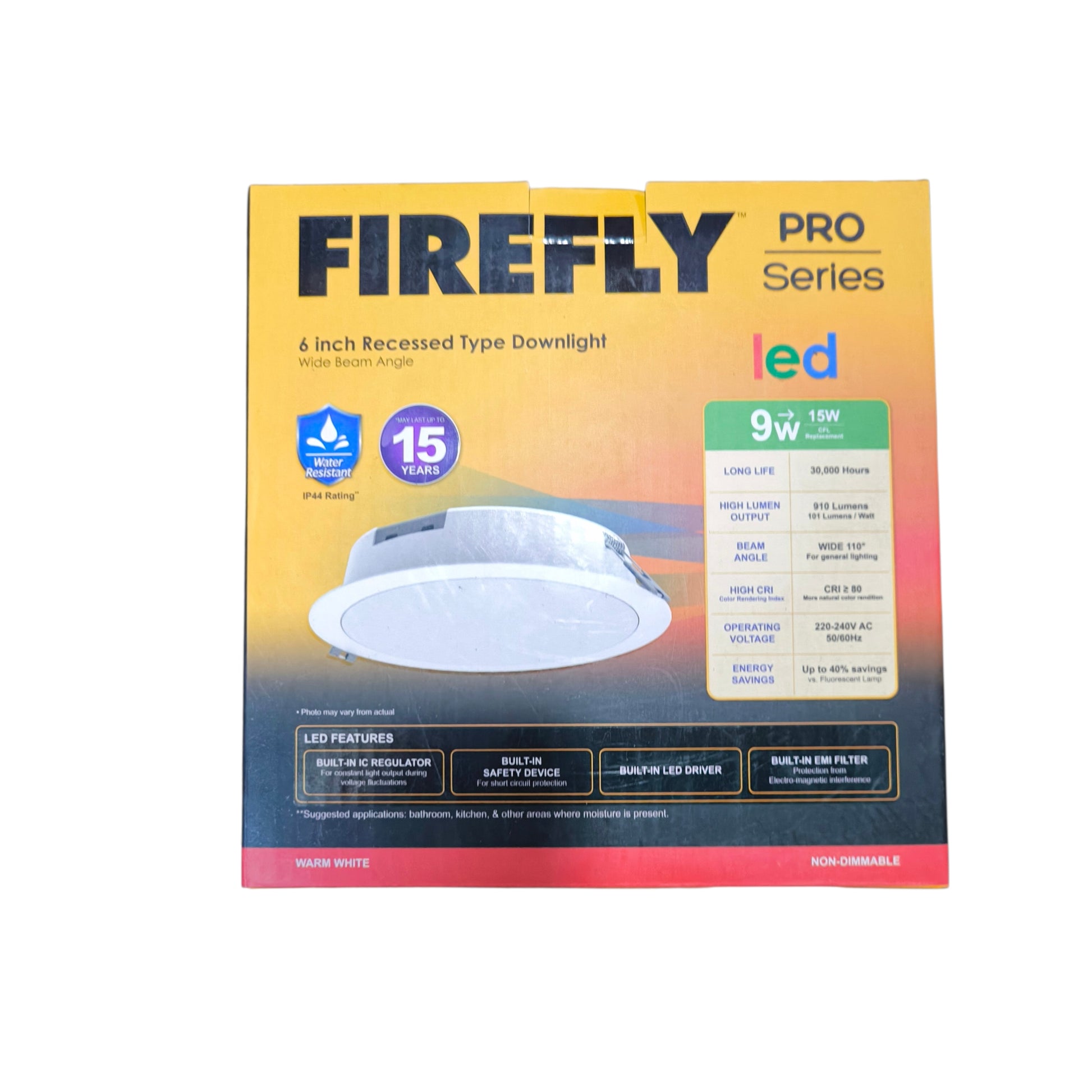 Firefly 9W LED Downlight Pro Series IP44 Rating Water Resistant 220VAC Warm White 3000K FDL2509WW Electx Electrical Supply