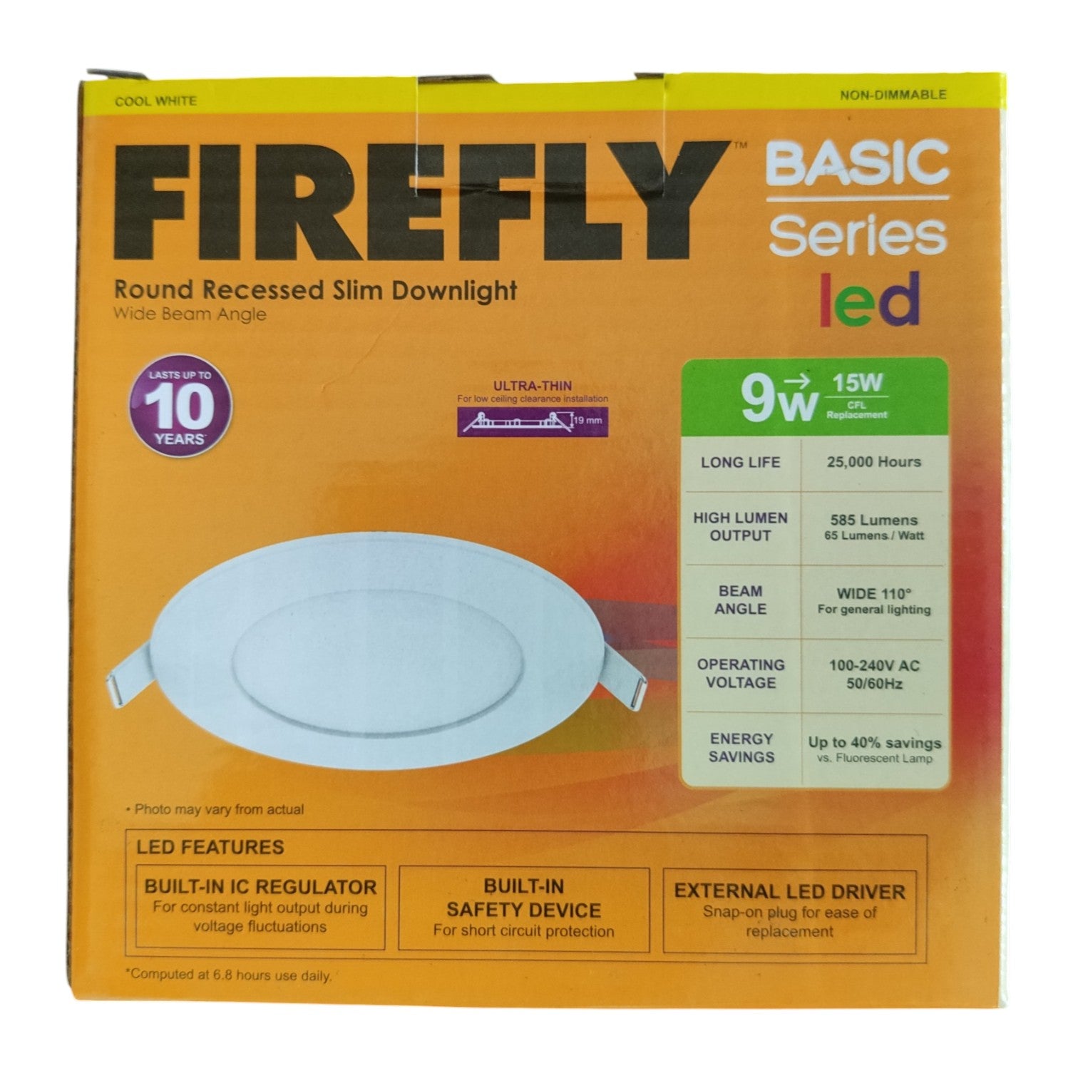 Firefly Basic Series LED round recessed slim downlight packaging on a white background
