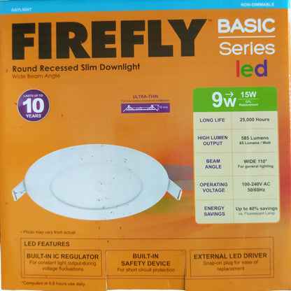 Firefly Basic Series LED round recessed slim downlight packaging with specifications on an orange background.
