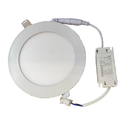 Round recessed ceiling light with wiring and Firefly branded driver on a white background