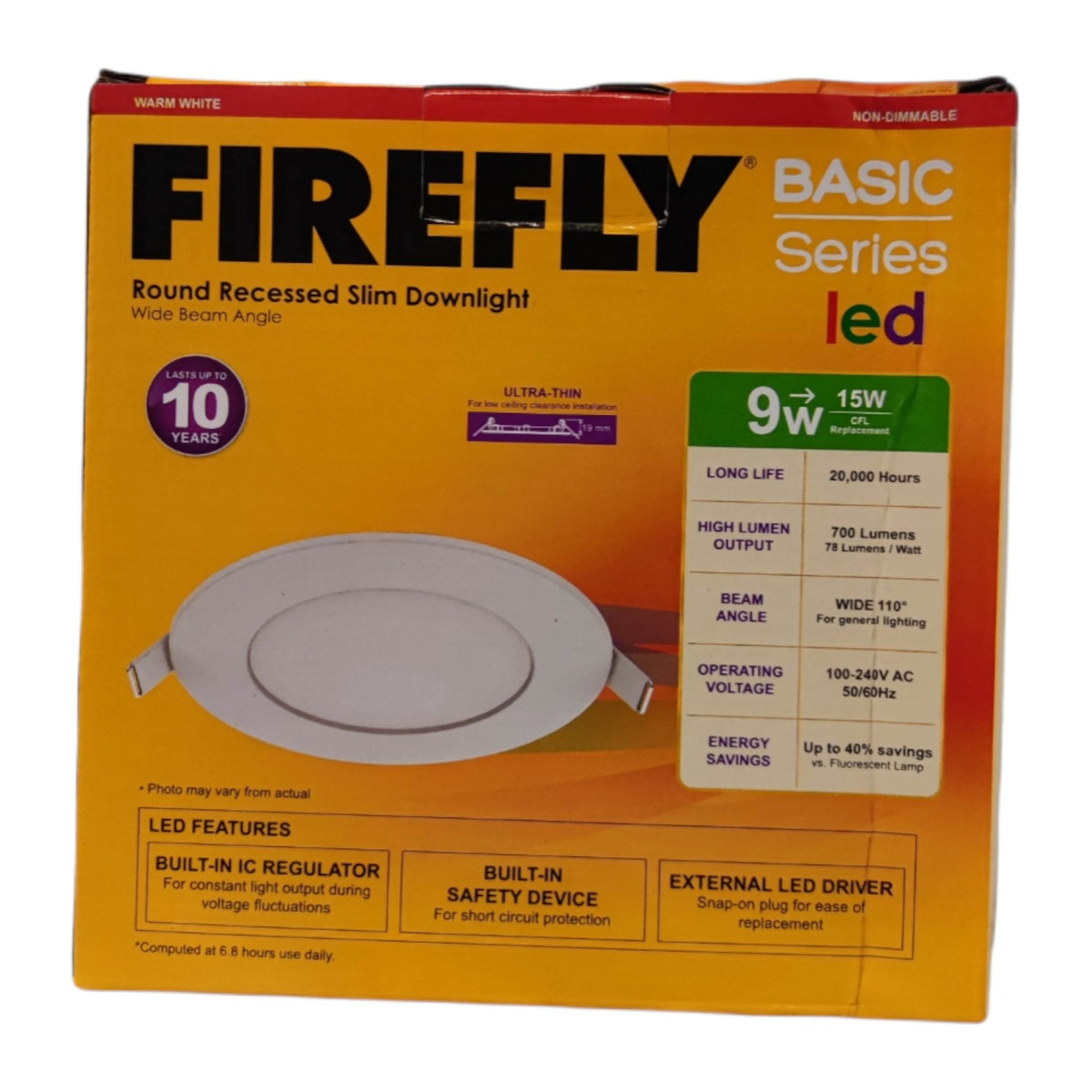 Firefly Basic Series LED round recessed slim downlight packaging on a white background