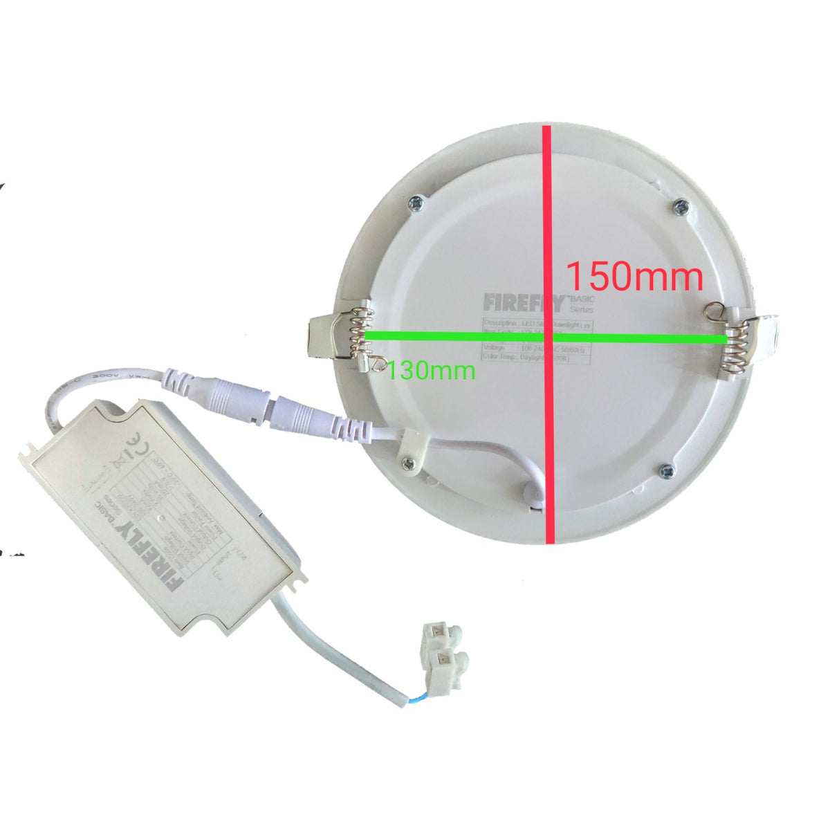 Round LED light fixture with dimensions labeled on a white background