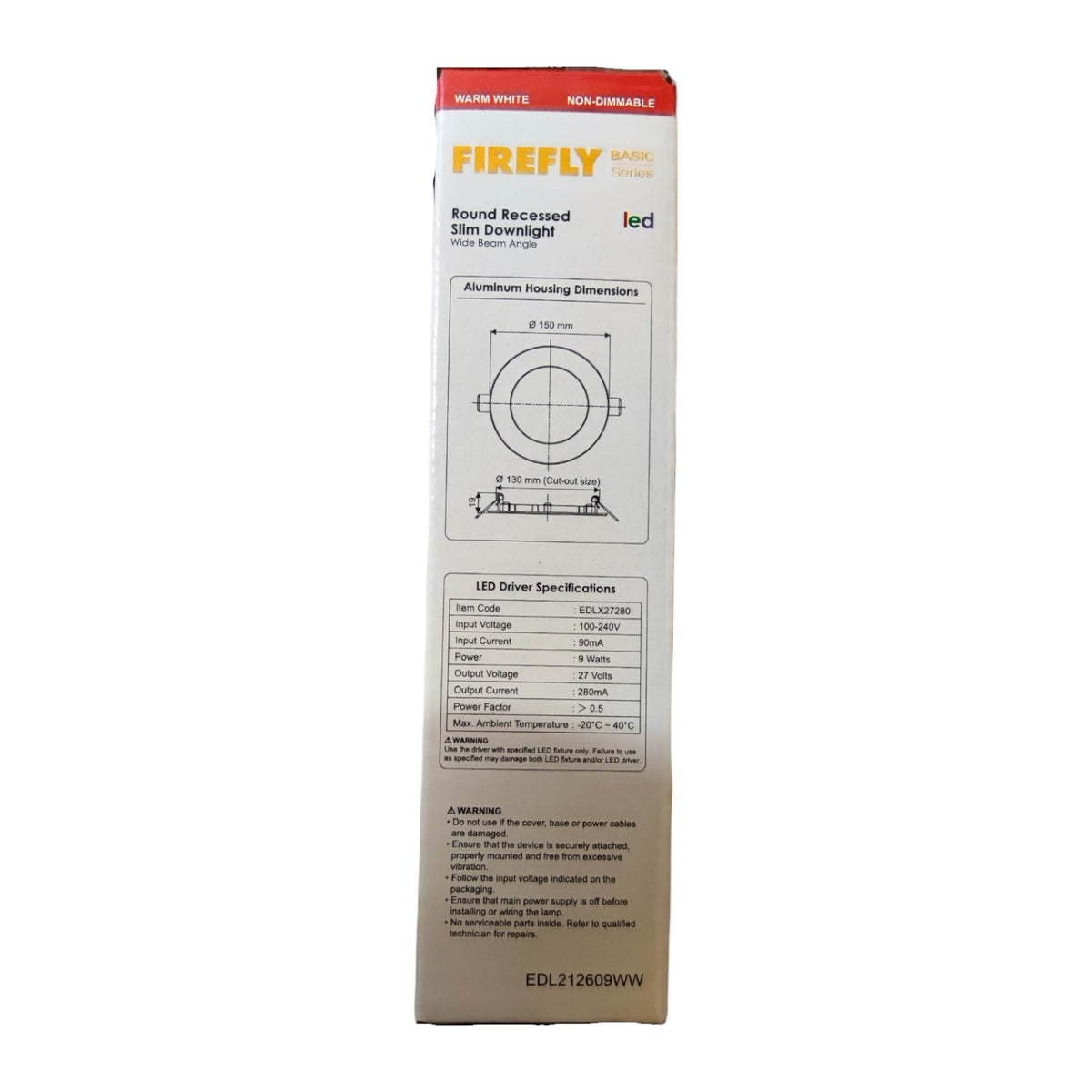 Firefly LED round recessed slim downlight packaging on a white background