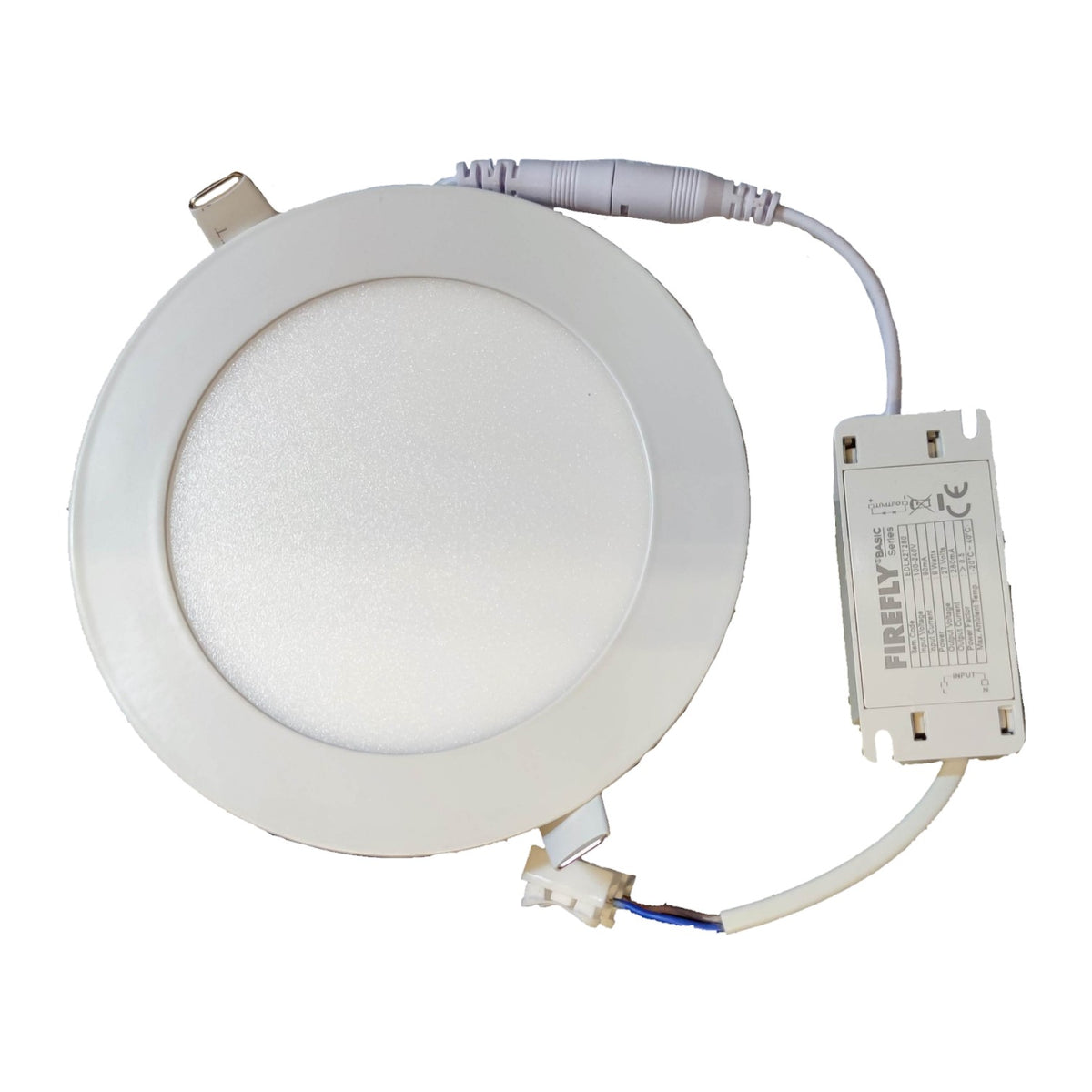 Round recessed ceiling light with wiring and Firefly branded driver on a white background