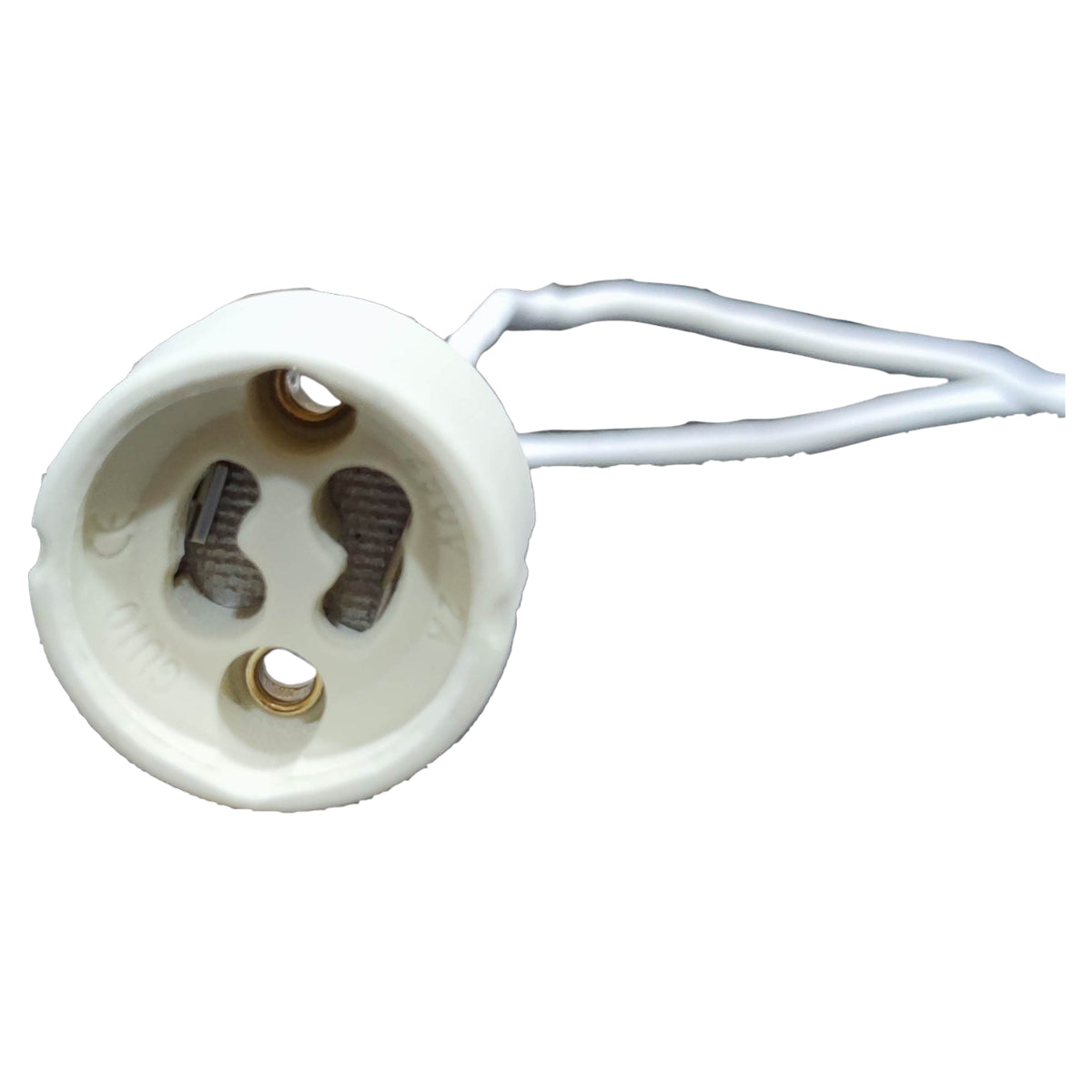 White light bulb socket with a white cord on a white background