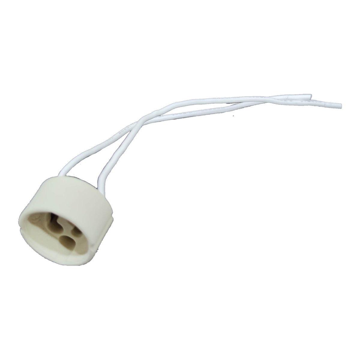 White ceramic lamp socket with two wires on a white background