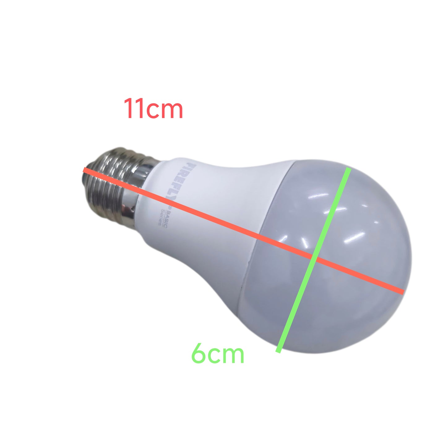 LED light bulb with measurements on a white background