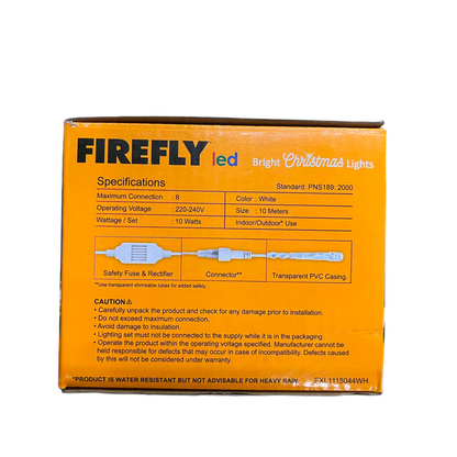 Firefly LED Christmas Lights 900 LED bright decorative set in orange packaging with specifications