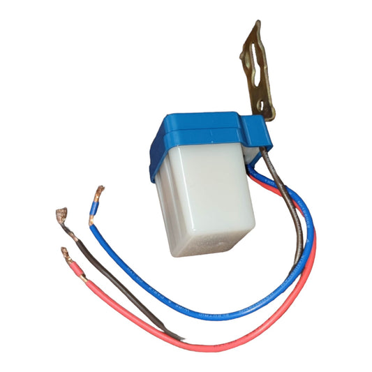 Electrical component with blue and white housing and multiple wires on a white background